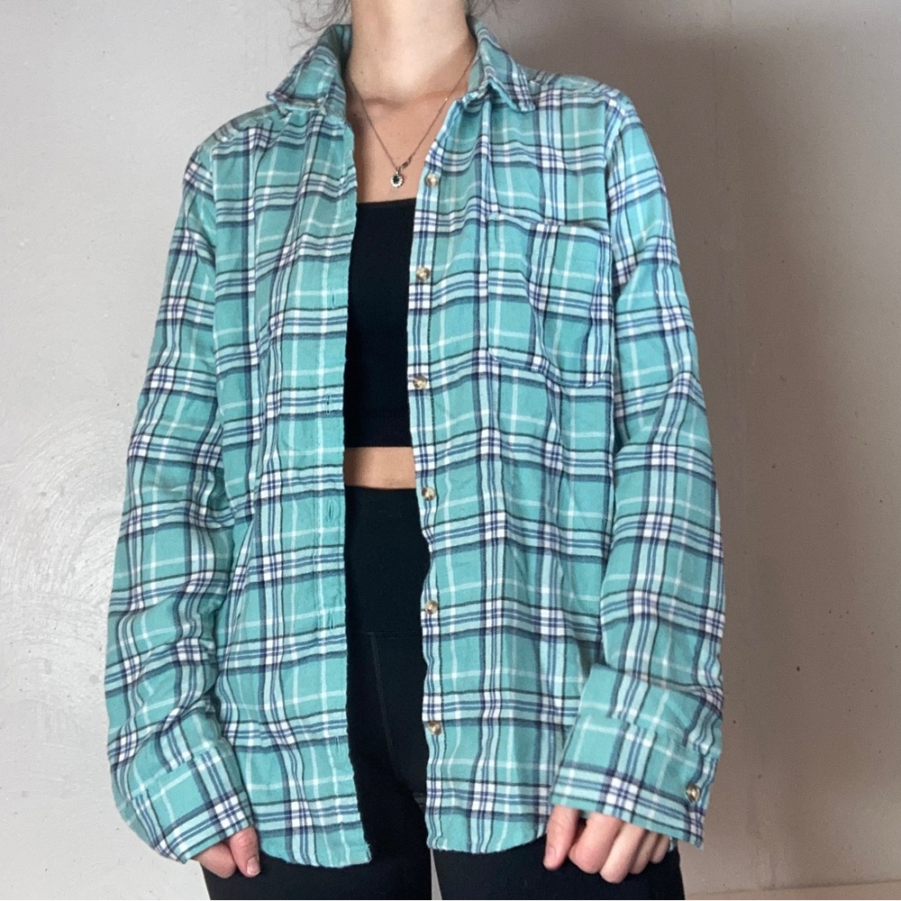 Hollister Pastel Blue-Green Plaid Flannel Long Sleeve Button Down